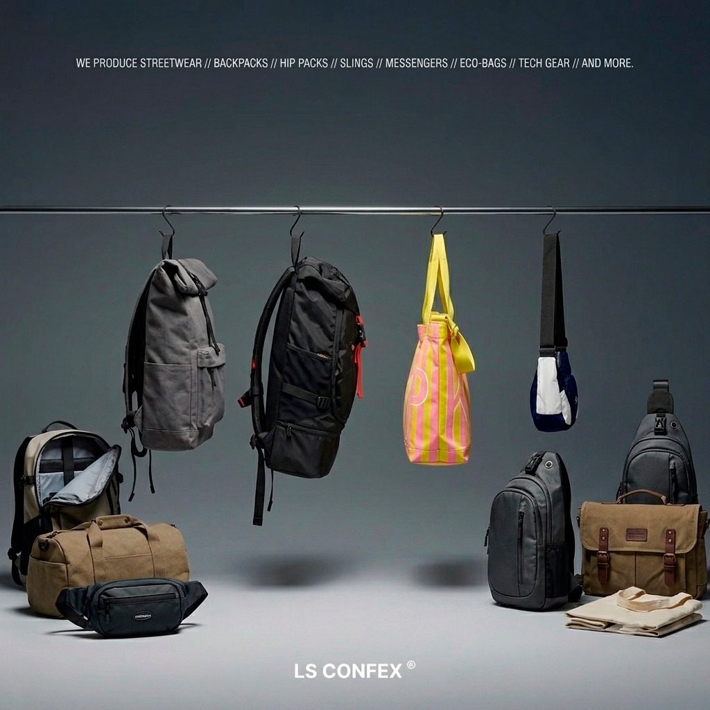 Linha de bolsas e mochilas produzidas em private label pela LS Confecções