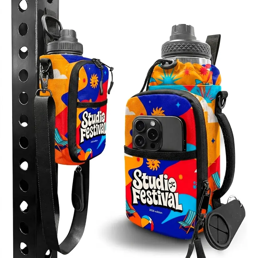 Porta squeeze estampado com bolso multiuso para brinde de evento